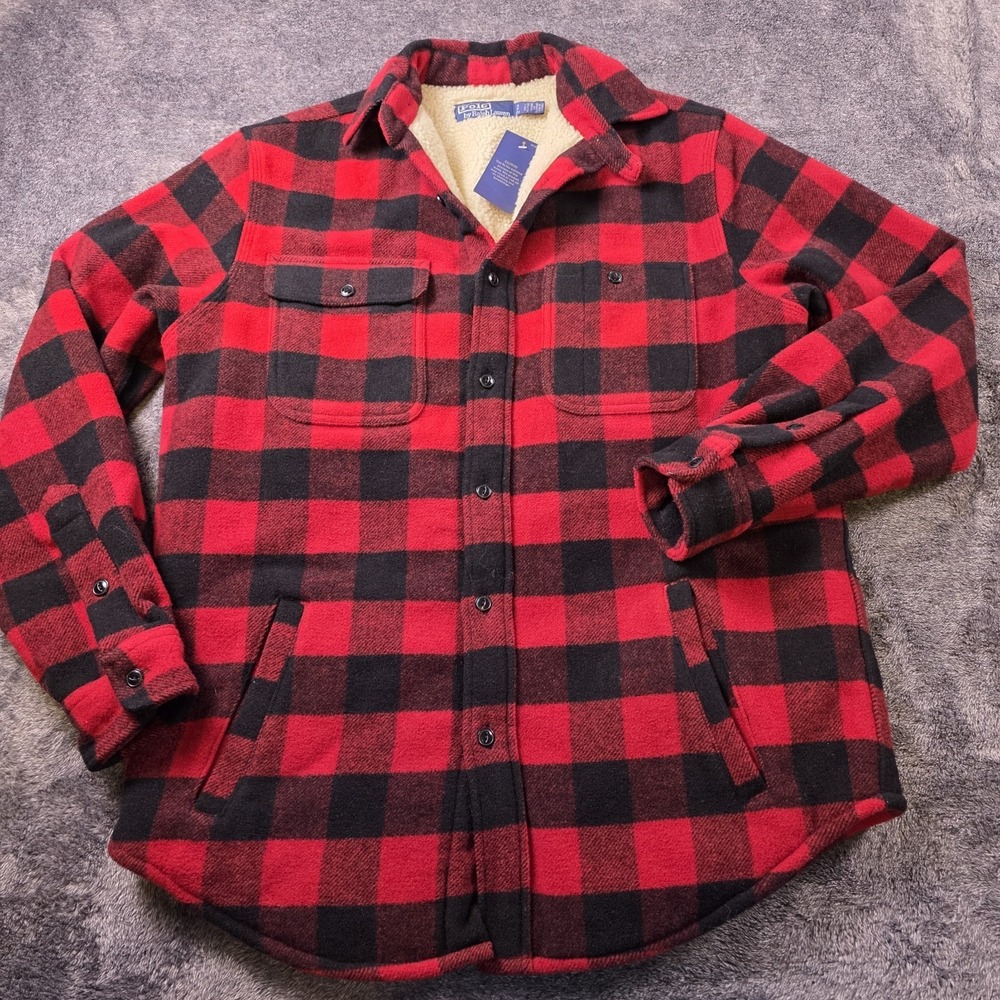 Polo Ralph Lauren Red Black Buffalo Plaid Sherpa Lined Jacket Mens S Lumberjack